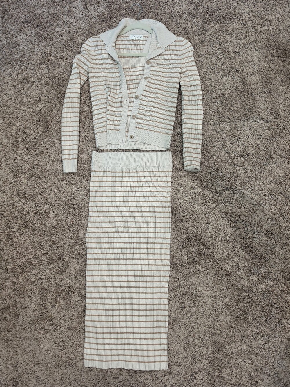 Marled Ribbed Knit 3 Piece Skirt Set XS Neutral Stripe Cardigan Tank